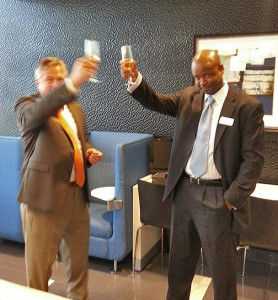 2014 LA Office Grand Opening - Douglas Bystry & Martice Mills toast the grand opening of the Clearinghouse CDFI Los Angeles office