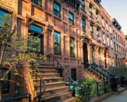 Charming row of brownstone townhouses in Prospect Lefferts Gardens, Brooklyn, bathed in warm sunset light, highlighting their ornate architectural details and inviting stoops adorned with greenery.