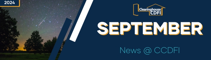 Clearinghouse CDFI September Newsletter Header. The design features a dark blue background with a shooting star and night sky on the left side. The Clearinghouse CDFI logo is placed at the top right, followed by bold text reading 'SEPTEMBER' in white and yellow, with smaller text below reading 'News @ CCDFI'