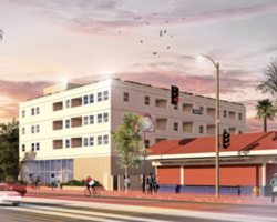 Architectural rendering of the 7655 San Pedro affordable housing project in Los Angeles, showcasing pedestrians and cyclists near the modern, multi-story building with vibrant community spaces